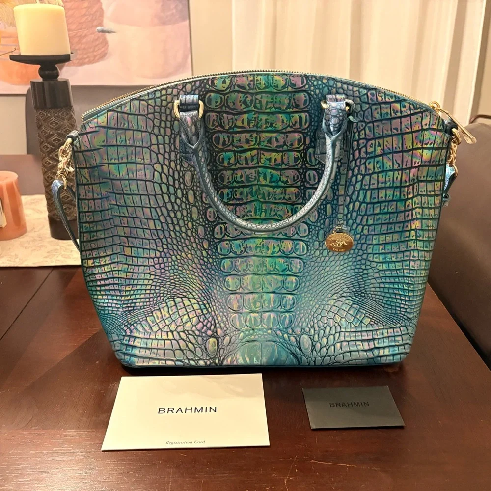 Brahmin Iridescent Teal Blue Croc-Embossed Satchel - Picture 1 of 11